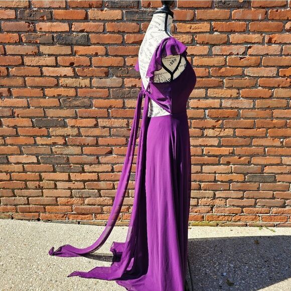 Azazie Ruffle Sleeve Burgandy Chiffon Floor Length Dress - Picture 14 of 16